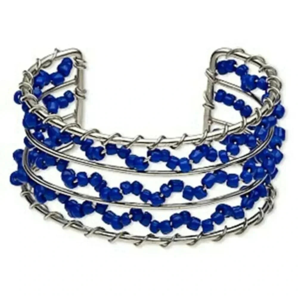 Silver Metal and Cobalt Blue Glass Beads Wire Wrapped 32mm Wide Cuff Bracelet